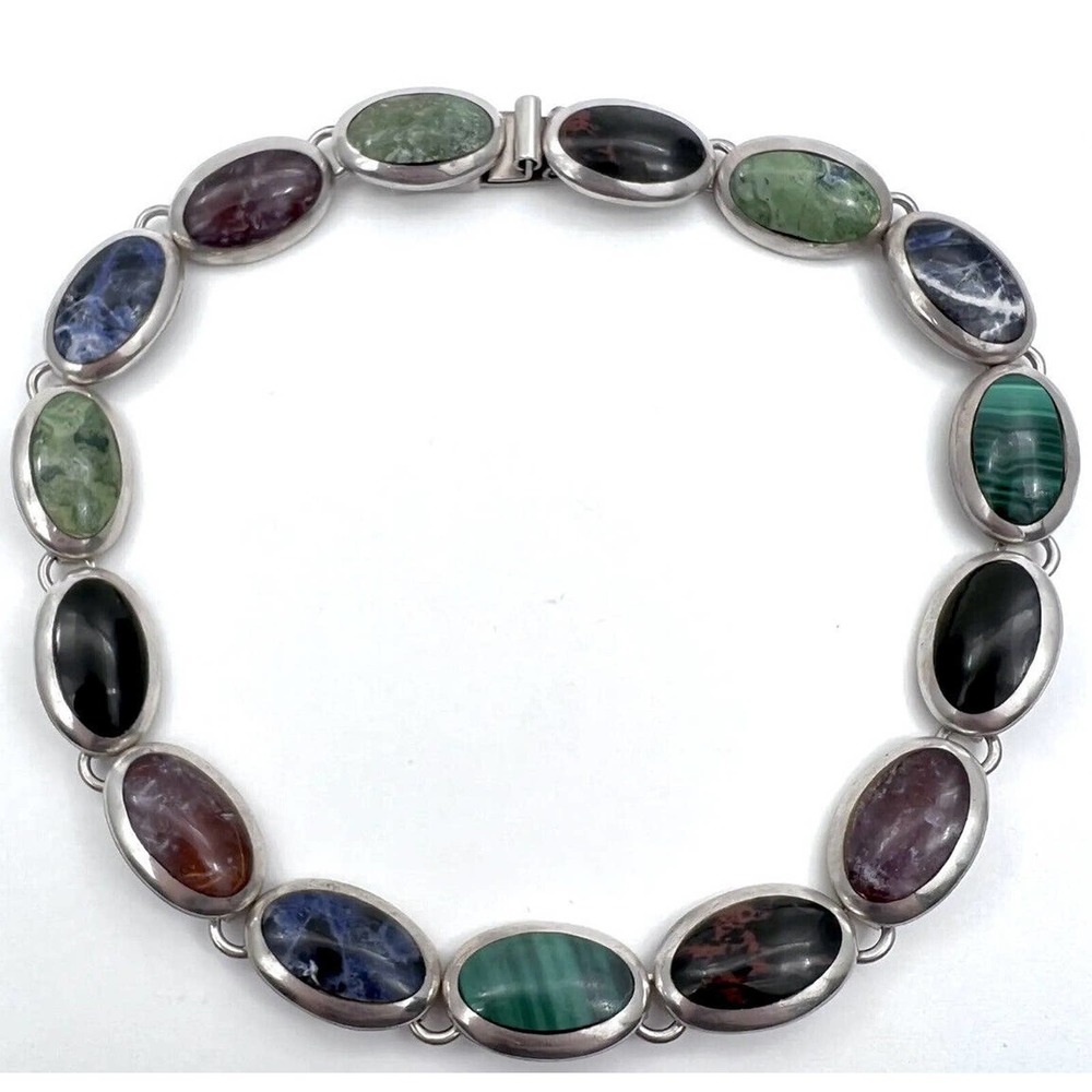 Vintage 925 Sterling Silver Mexican Taxco Chocker Necklace Multi Gemstone TS-74